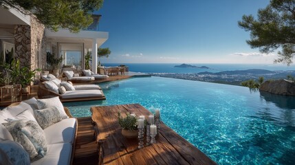 Fototapeta premium Ultra-luxury Ibiza villa with panoramic sea views, infinity pool, sun loungers, wooden deck, elegant outdoor dining, wicker sofas with white cushions, Mediterranean style