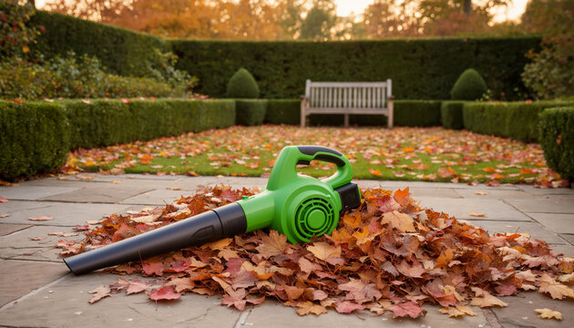 powerful green cordless leaf blower sitting on stone patio next to pile of dry autumn maple leaves in peaceful public park with wooden bench and green hedges in blurred background