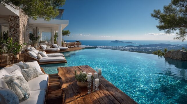 Ultra-luxury Ibiza villa with panoramic sea views, infinity pool, sun loungers, wooden deck, elegant outdoor dining, wicker sofas with white cushions, Mediterranean style