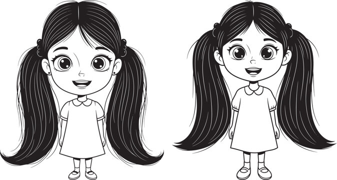 Two cartoon girls with pigtails and white dresses black and white outline illustration white dress full body two children people illustration child illustration kid illustration girl illustrat