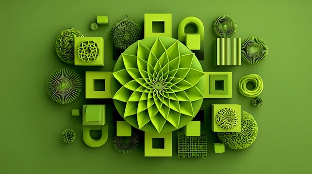 Golden sunburst clock with geometric patterns and decorative on green background