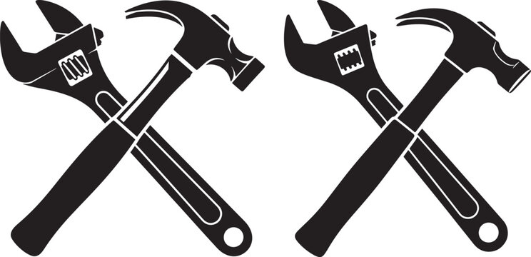 Crossed wrench and hammer silhouetted in black and white with tool kit silhouette industry construction mechanic building handyman equipment hardware workshop engineering craftsmanship