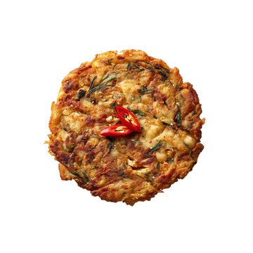 Korean pancake with chili slices and seaweed