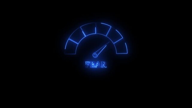 Neon blue fear meter gauge with needle pointing to the word FEAR on a black background dial measurement