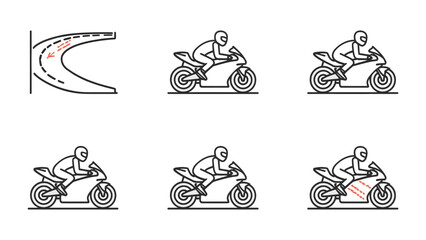Motorcycle Racing Technique Illustrated: A sequential illustration of a motorcycle rider navigating a curved road, demonstrating essential racing techniques. © Mohammad