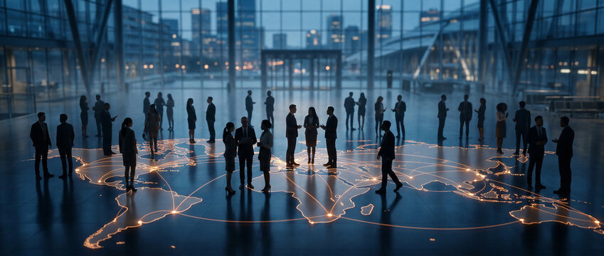 Global Business Network Connection with Silhouetted People in Modern Office.
