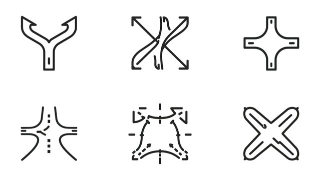Road Icons for Directions: A collection of illustrative road icons showcases various navigational concepts, conveying direction, choices, and junctions. These clean.