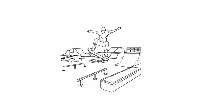 Skateboarder performs a trick on a ramp amidst various skatepark obstacles