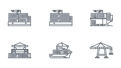 Fototapeta premium Shipping Containers Icon Set: A collection of various shipping container icons,depicting different modes of transport and cargo handling, perfect for illustrating global trade and logistics.