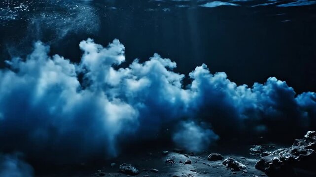 Dark ocean water with smoke or gas bubbles rising from the seabed to surface