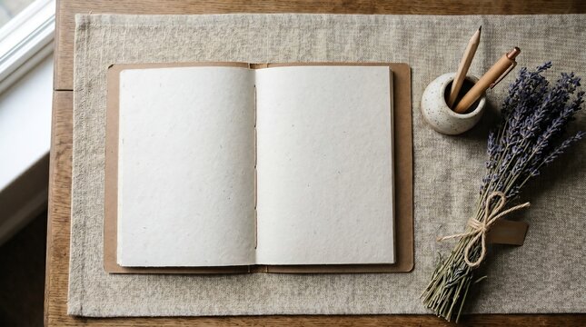 Open blank notebook with textured paper on linen fabric. Writing journal with lavender bouquet and pen. Minimalist desktop workspace for creative idea, study, planning, diary entry.