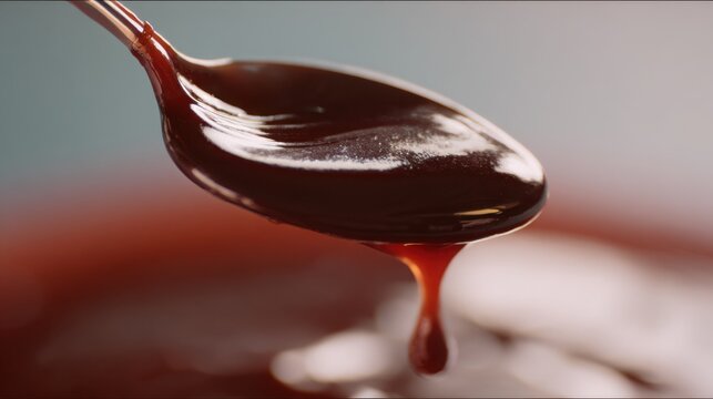 thick sauce dripping from spoon onto dish slow motion texture glossy surface macro realism