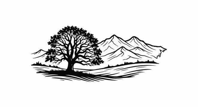 Silhouette of a large tree with mountains and rolling hills in background