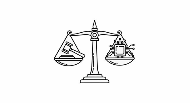 Scales of justice balance a gavel against a microchip