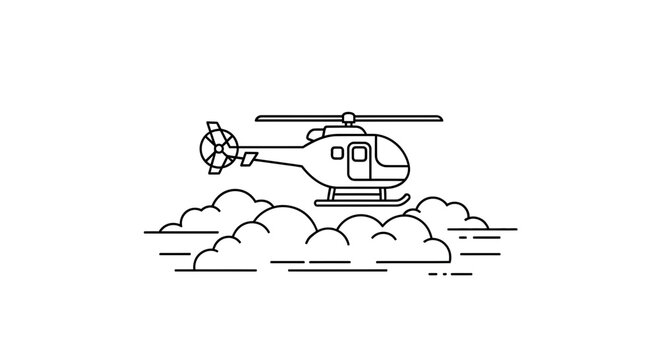 Minimalist Line Art Helicopter Flying Above Clouds, Vector Illustration