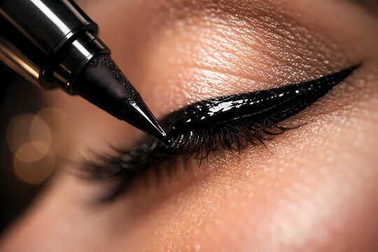 Macro photo of the precise application of glossy black liquid eyeliner onto a human eyelid. This focused beauty image is deeply suitable for cosmetic tutorials and makeup brand advertising themes.
