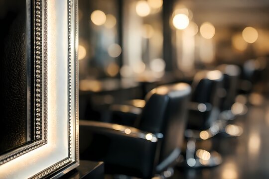 Photo of a grand glowing mirror frame reflecting a row of empty black leather salon chairs. This deep atmospheric photograph is immensely suitable for luxury hairdressing and beauty parlor themes.