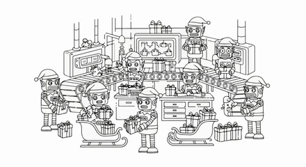 Obraz premium Robots in Santa hats assembling gifts on a factory conveyor belt