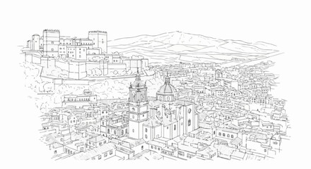 Fototapeta premium Sketch of a historic European city with a fortress on a hill