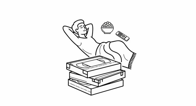 Person relaxing with VHS tapes, popcorn, and remote control