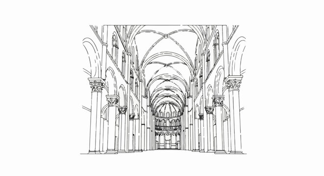 Sketch of a grand vaulted cathedral interior with ornate columns and arches