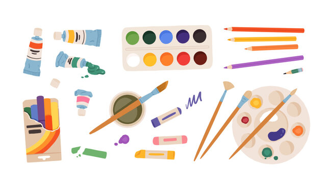 Flat vector set with art supplies, paint tubes, watercolor palette, colored pencils, brushes, chalk, crayon, artist tools for school