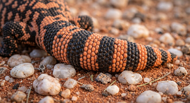 A high-resolution photograph focusing on the Gila Monster&rsquo;s short, thick, sausage-like tail. The shot highlights the rings of black and orange beads and the girth of the tail, 
