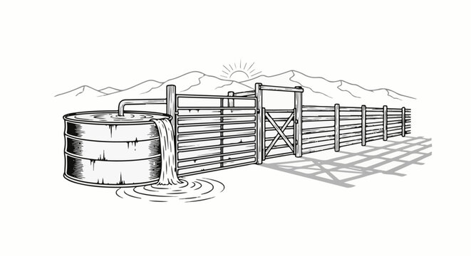 Ranch water trough and corral with mountains and sun in background