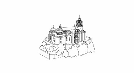 Obraz premium Sketch of grand domed building on elevated ground with trees