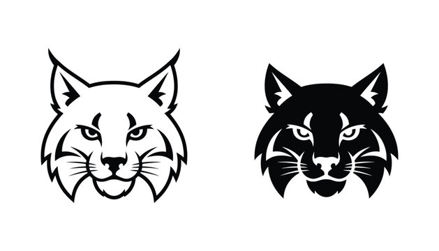 Stylized bobcat head mascot logo icon in dual black and white vector format featuring sharp lines for sports team branding or wildlife conservation agency graphic design asset and emblem