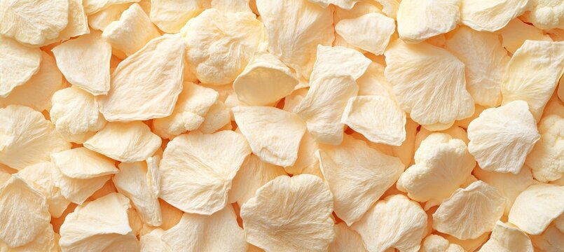 Close Up of Dried Cauliflower Bits on White Background, Dehydrated Florets with Brittle Texture