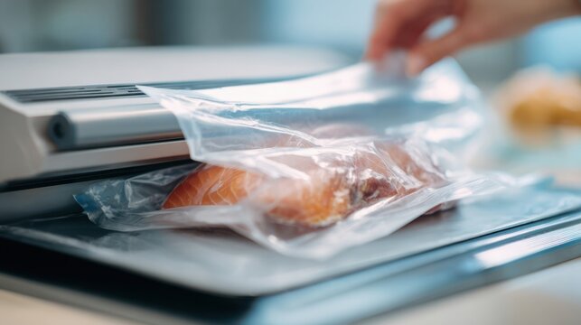vacuum sealing food removing air from plastic bag process preservation close up realistic detail