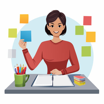 Woman planning with colorful sticky notes and notebook