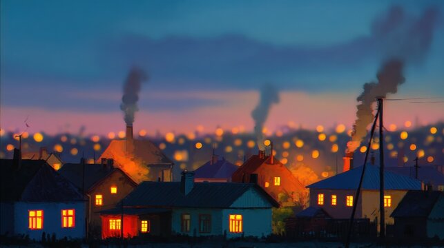 village evening warm lights in windows smoke from chimneys calm rural life peaceful atmosphere