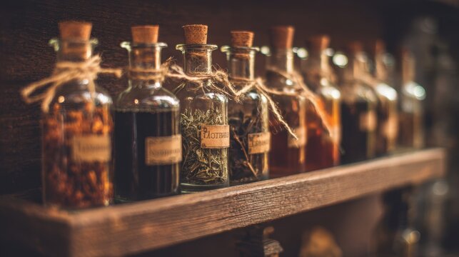 vintage glass bottles with herbal tinctures wooden shelf warm light rustic herbal medicine aesthetic