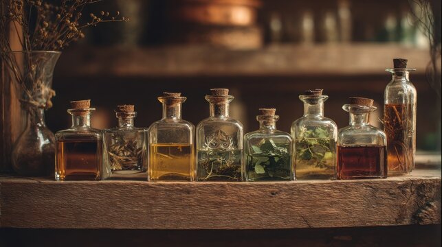 vintage glass bottles with herbal tinctures wooden shelf warm light rustic herbal medicine aesthetic