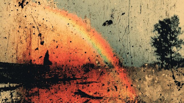 Aged scratched textured background with color transition from bright orange and yellow to deep brown and black, full grainy surface with fine light scratches, subtle rainbow light flare in upper right