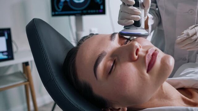 Calm woman with closed eyes receiving a non surgical radiofrequency facial lifting procedure from a cosmetologist in a modern beauty clinic for skin tightening and rejuvenation