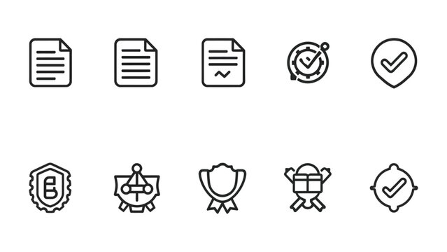 Formal Document Icons: A collection of concise icons depicting formal document such as approval seal, shield and trophy, showcasing a minimalist and clear design.
