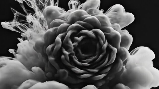 A large flower blooms with smoke and fog around it on a dark background.