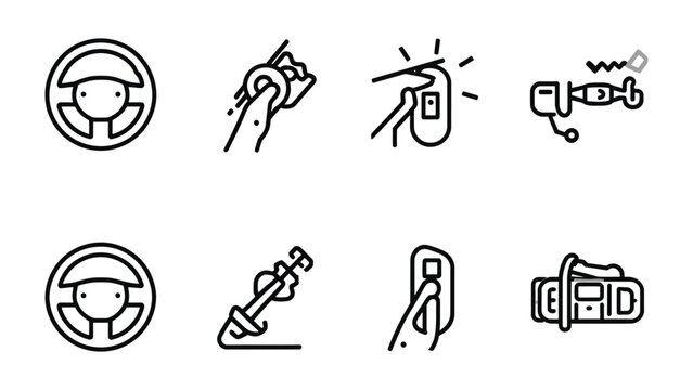 Car and Vehicle Icons: A collection of simple, black line art icons representing various elements of car and vehicle. Including steering wheel, key, remote and tools.