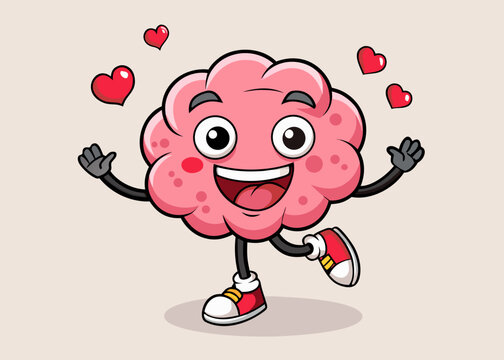 Cheerful anthropomorphic brain character dancing with red hearts illustration