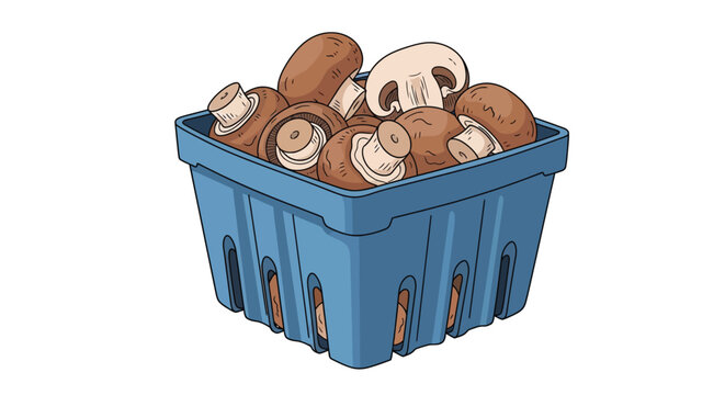 Brown mushrooms in blue plastic container with transparent background