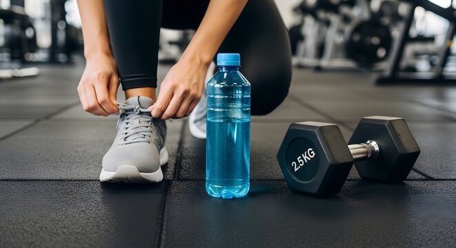 A person ties their shoelaces next to a water bottle and dumbbell in a gym.
