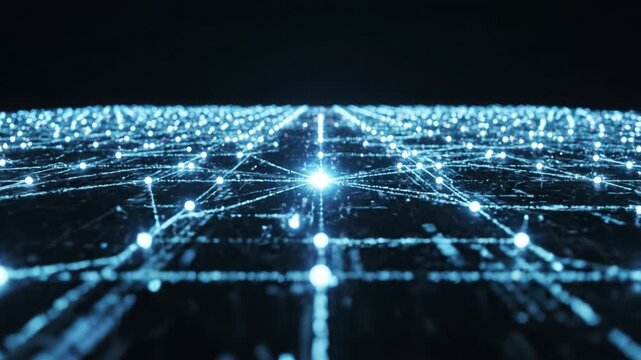 Digital network connection glowing points lines futuristic technology concept blue light dark background vibrant glowing nodes depth of field bright blue orange lights depth complexity abstract data