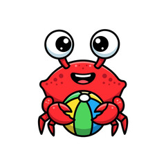Fototapeta premium Cute cartoon crab holding a colorful beach ball.