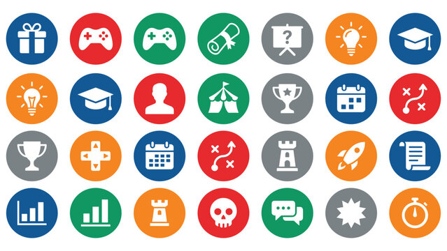 Collection of colorful circular icons for games and education.