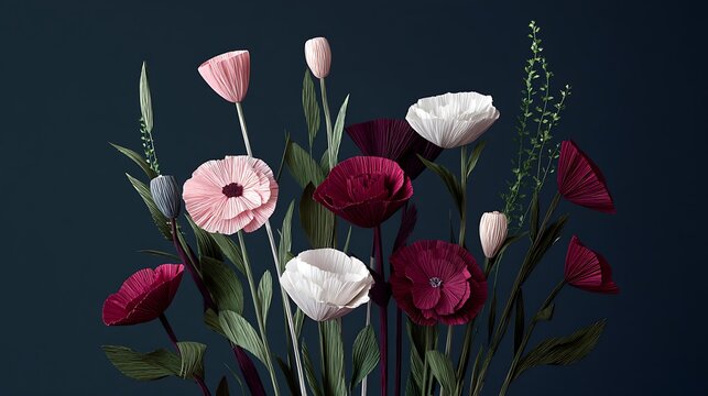 Pink and white lotus flowers with green stems and leaves on a dark background