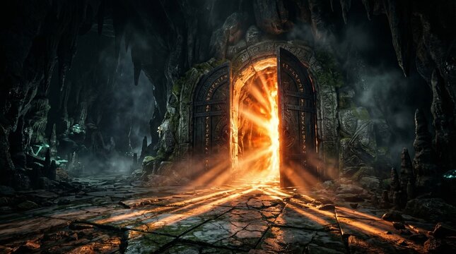 mysterious glowing portal in dark cave with fiery light illuminating ancient stone structure