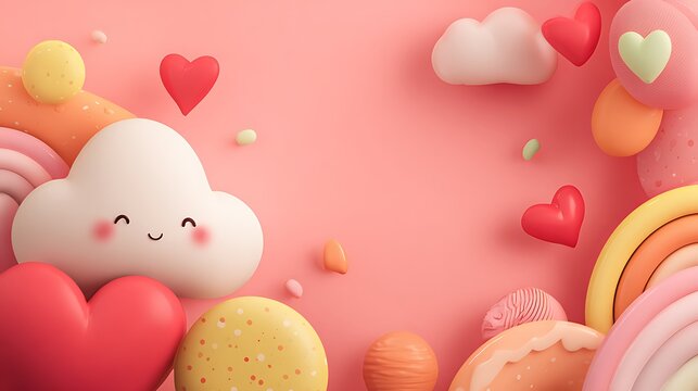 Pink piggy bank with red heart and gold coins on pink background